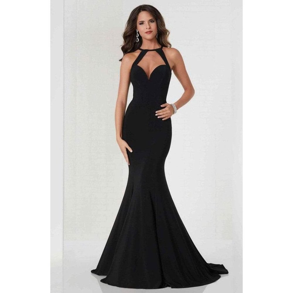 Tiffany Designs Style 46114 - Halter Jersey Trumpet Black Dress - Size 6